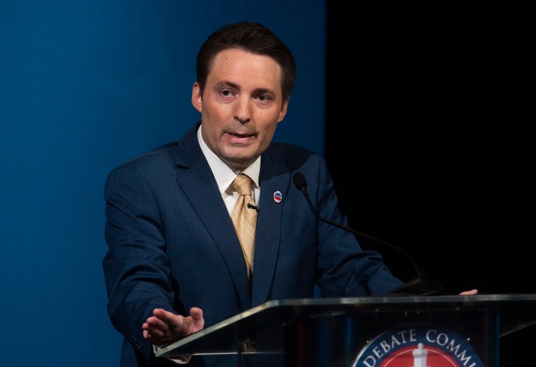 (Rick Egan  |  The Salt Lake Tribune)    J. Robert Latham (L) speaks during the 2nd Congressional District debate between J. Robert Latham (L), Chris Stewart (R) and Kael Weston (D), at KSL Studio in Salt Lake City, on Monday, October 19, 2020