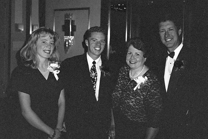 (Tribune File Photo)  Megan Jensen (Utah high school female athlete of the year), Jeff Hopkinson (Utah high school male athlete of the year), Betty Borden (MS Champion of the Year), Dr. Chris Hill (Sports Person of the Year) at dinner on September 25, 1996.