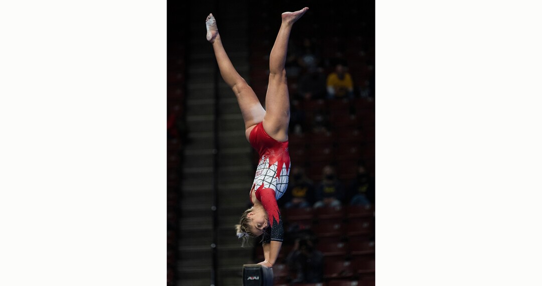 (Rick Egan | The Salt Lake Tribune) Lucy Stanhope competes on the beam for Utah in the PAC-12 Gymnastics Championship tournament at the Maverik Center, on Saturday, March 20, 2021.