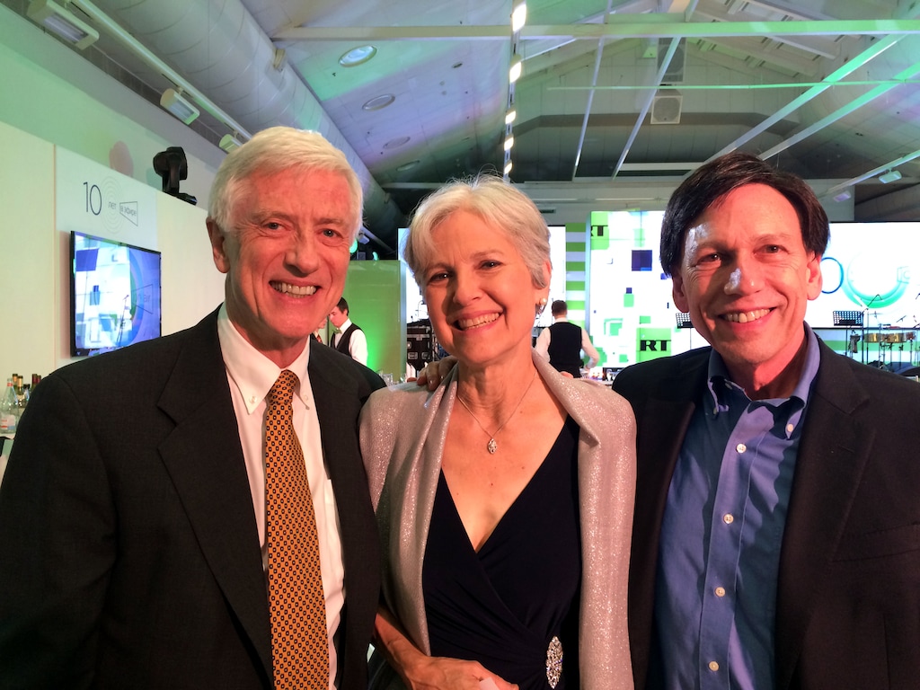 From left: Former Salt Lake City Mayor Rocky Anderson, 2016 Green Party presidential candidate Jill Stein, and American University history professor Peter Kuznick attending the December 2015 dinner in Moscow for Russian news outlet Russia Today's tenth anniversary. Stein and former national security adviser Michael Flynn were seated at the head table with Russian President Vladimir Putin.