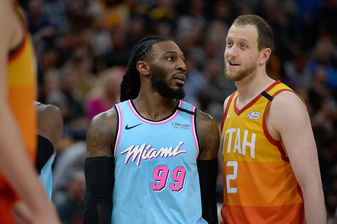 (Francisco Kjolseth  |  The Salt Lake Tribune) Former Jazz player Miami Heat forward Jae Crowder (99) talks with Utah Jazz guard Joe Ingles (2) as the Utah Jazz host the Miami Heat in their NBA basketball game at Vivint Smart Home Arena in Salt Lake City on Wednesday, Feb. 12, 2020.