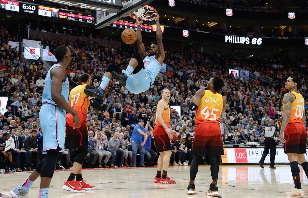 (Francisco Kjolseth  |  The Salt Lake Tribune) Miami Heat forward Jimmy Butler (22) gets a dunk as the Utah Jazz host the Miami Heat in their NBA basketball game at Vivint Smart Home Arena in Salt Lake City on Wednesday, Feb. 12, 2020.