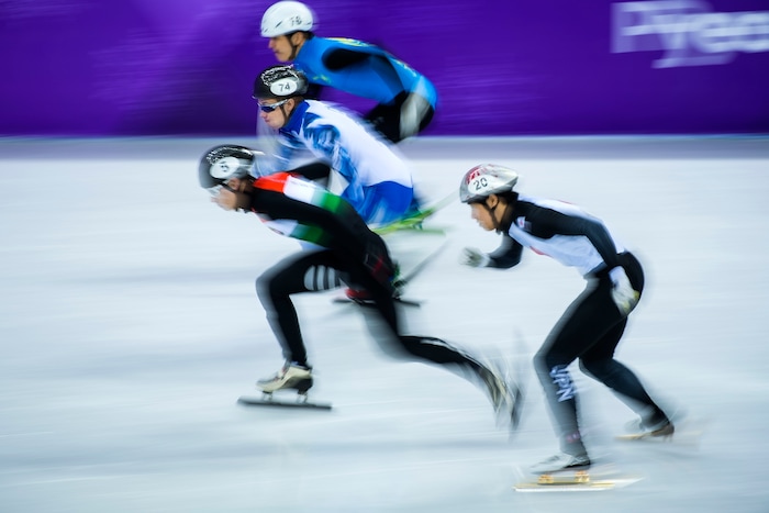 (Chris Detrick  |  The Salt Lake Tribune)  Abzal Azhgaliyev of Kazakhstan Pavel Sitnikov of Olympic Athlete from Russia Shaoang Liu of Hungary and Ryosuke Sakazume of Japan race during the Men's 500m Short Track Speed Skating at Gangneung Ice Arena Pyeongchang 2018 Winter Olympics Tuesday, Feb. 20, 2018. 