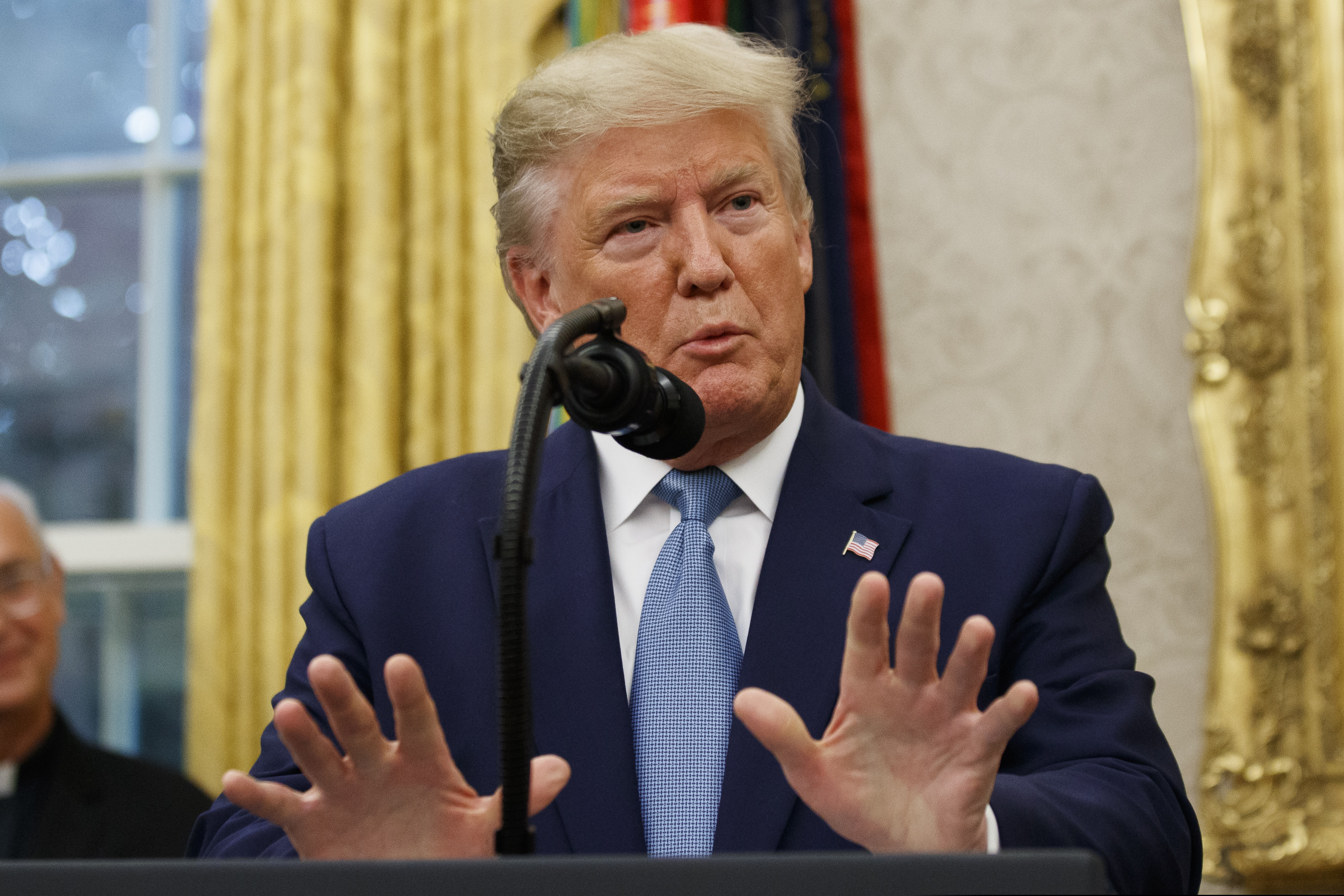 (Alex Brandon | AP) President Donald Trump speaks during a ceremony to present the Presidential Medal of Freedom to former Attorney General Edwin Meese, in the Oval Office of the White House, Tuesday, Oct. 8, 2019, in Washington. The White House says it won't cooperate with what it called an illegitimate effort “to overturn the results of the 2016 election” and setting the stage for a constitutional clash with far-reaching consequences.
