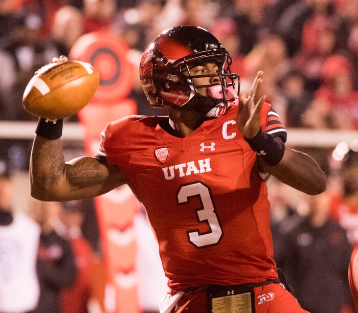 Utah Utes quarterback Troy Williams throws a pass, in PAC-12 football action Utah Utes vs. Colorado Buffaloes at Rice-Eccles stadium, Saturday, November 25, 2017.