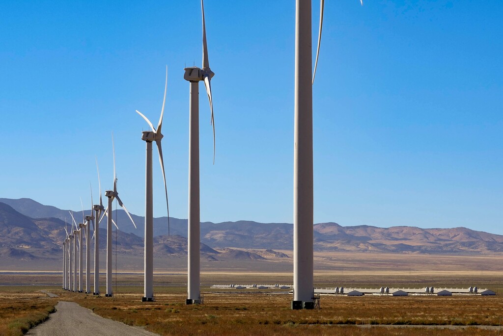 (Francisco Kjolseth | The Salt Lake Tribune) Solar farms, wind turbines, geothermal mining and BioGas from pig farms are represented in the Milford Valley Energy Corridor in Beaver County on Thursday, Oct. 5, 2023. 