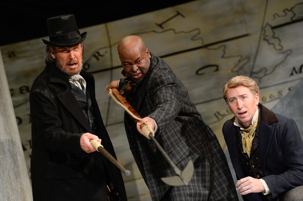(Francisco Kjolseth | The Salt Lake Tribune) Cast of Utah Opera's "Moby-Dick," Roger Honeywell as Captain Ahab, Musa Ngqungwana as Queequeg and Joshua Dennis as Greenhorn, the narrator, who, unlike in the novel, doesn't ask us to call him Ishmael until the very end of the opera, come together on the large set.
