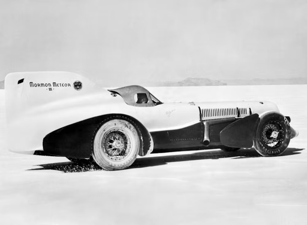 (Underwood Archives | Getty Images) Ab Jenkins starts a 1939 test run in his race car, the Mormon Meteor III, on Utah’s Bonneville Salt Flats. The car will become a major artifact in the Museum of Utah, scheduled to open next June.