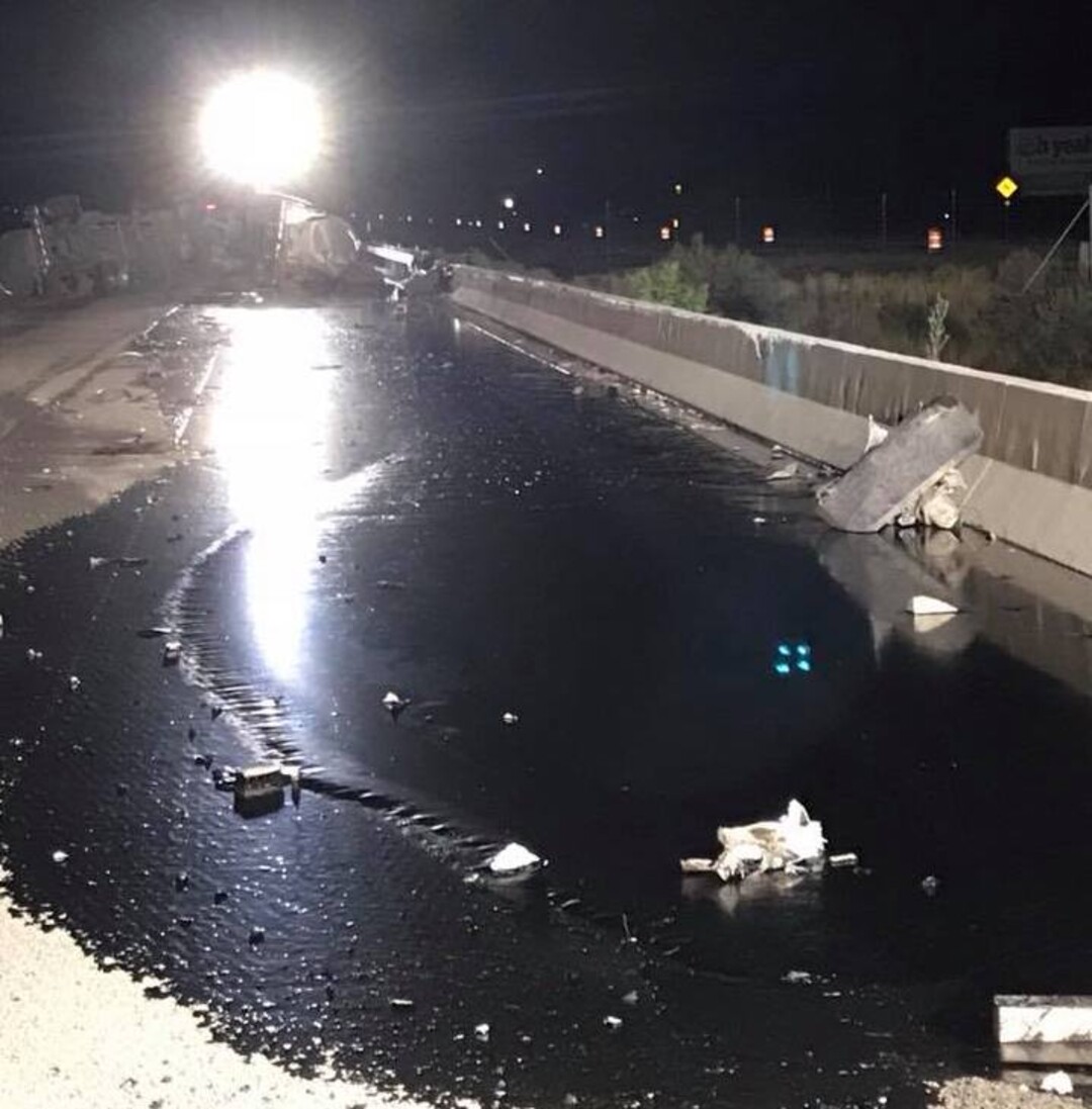 (Photo courtesy Carbon County Sheriff's Department) A truck accident resulted in an 8,000-gallon crude oil leak on Highway 6 in Carbon County.