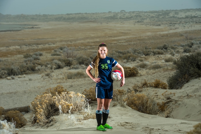 (Chris Detrick | The Salt Lake Tribune) Syracuse's Caroline Stringfellow poses for a portrait near Bridger Bay on Antelope Island State Park Tuesday, December 12, 2017.
