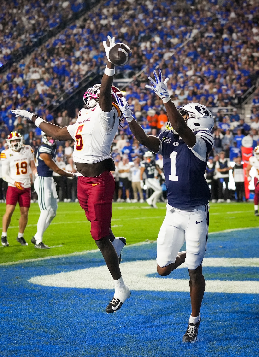 (Bethany Baker  |  The Salt Lake Tribune) Iowa State Cyclones cornerback Beni Ngoyi (5) blocks a pass intended for BYU Cougars wide receiver Legend Glasker (1) during the game between the BYU Cougars and the Iowa State Cyclones in Provo on Friday, Oct. 9, 2026.