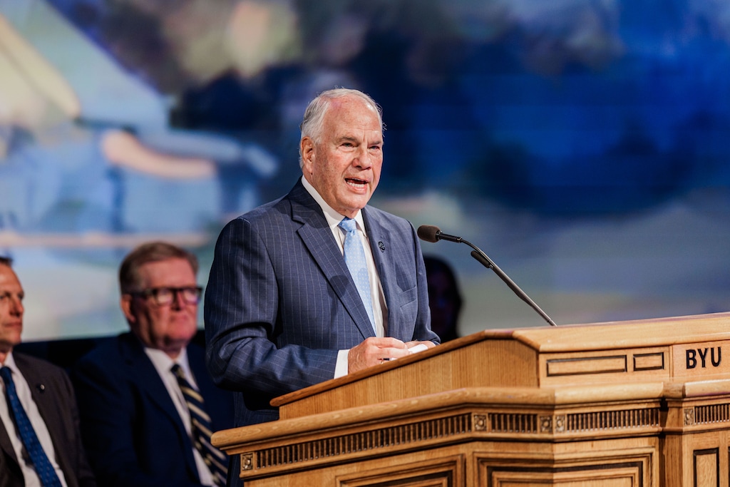 (Olivia Taylor | BYU Photo) Apostle Ronald A. Rasband speaks at Brigham Young University about the family proclamation on Tuesday, Sept. 23, 2025.