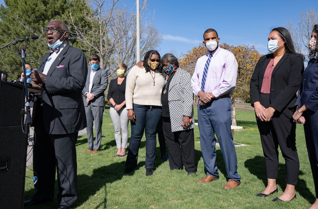 (Francisco Kjolseth  | The Salt Lake Tribune) Rev. France A. Davis, pastor emeritus of the Calvary Baptist Church is joined by other members of the Salt Lake City Racial and Equity in Policing Commission as they holds a press conference at the International Peace Gardens in Salt Lake City on Tuesday, April 20, 2021, following the guilty verdict on all three counts in the murder trial of former Minneapolis police Officer Derek Chauvin in the death of George Floyd.