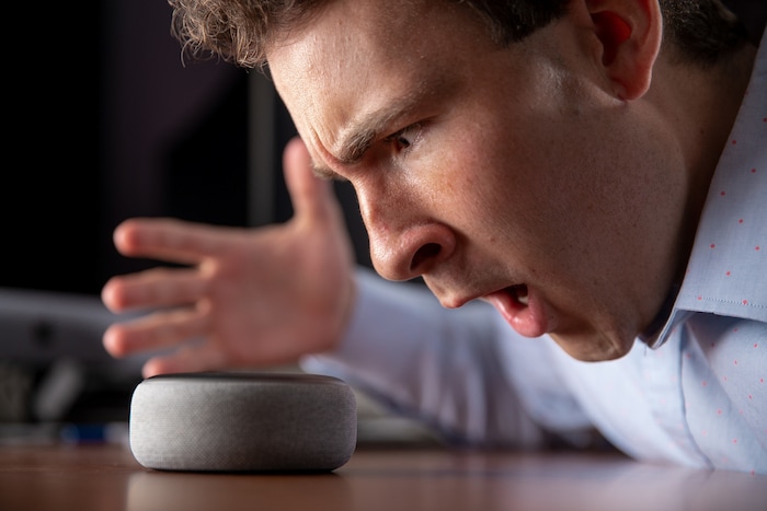 (Photo courtesy of Jaren Wilkey with Brigham Young University) Pictured is a man jokingly yelling at Amazon's Alexa.
