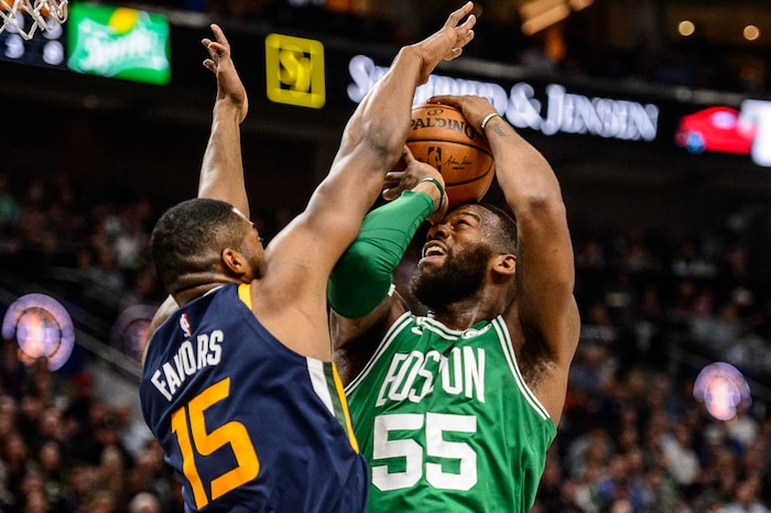 (Trent Nelson | The Salt Lake Tribune)  
Utah Jazz vs. Boston Celtics, NBA basketball in Salt Lake City, Wednesday March 28, 2018. Utah Jazz forward Derrick Favors (15) defending Boston Celtics center Greg Monroe (55).