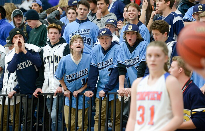 (Leah Hogsten  |  The Salt Lake Tribune) Skyline's boosters heckle Timpview's Taylor Ross (31).  Timpview defeated Skyline 56-49 in their semifinal game of the 5A High School Girls' Basketball Tournament at SLCC in Taylorsville, Friday, Feb. 23, 2018. 
