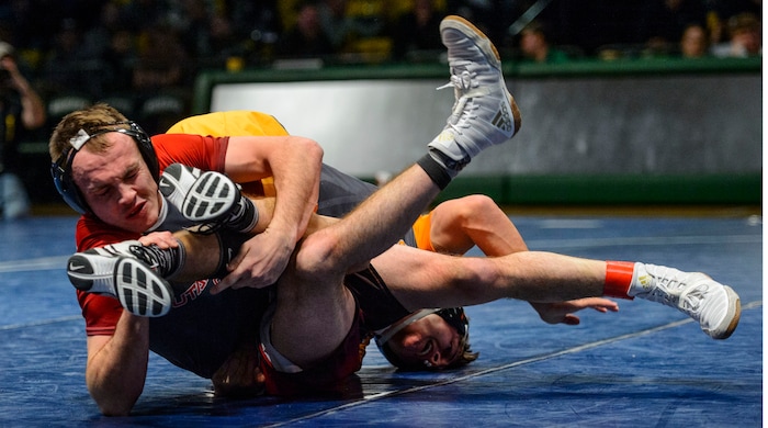 (Steve Griffin  |  The Salt Lake Tribune) Brad Lowery, of Canyon View, struggles to escape the hold of Brock Hardy, of Box Elder, left, during the All-Star Duals wrestling at Utah Valley University's UCCU Center in Orem Tuesday January 9, 2018.