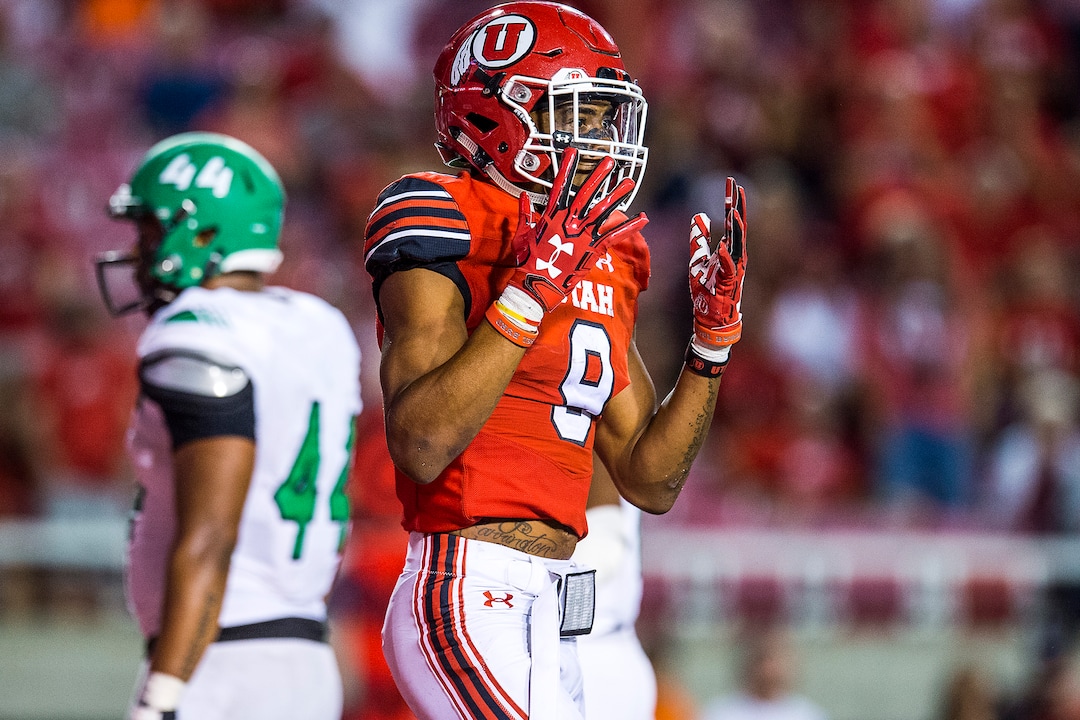 (Chris Detrick  |  The Salt Lake Tribune)  Utah Utes wide receiver Darren Carrington (9) reacts after coming up short of a touchdown while being guarded by North Dakota Fighting Hawks defensive back Torrey Hunt (16) during the game at Rice-Eccles Stadium Thursday, August 31, 2017. Utah Utes defeated North Dakota Fighting Hawks 37-16.