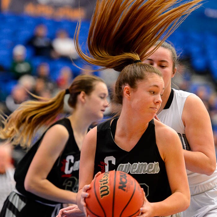 (Trent Nelson | The Salt Lake Tribune)  American Fork's Jamie Shepherd (22) rebounds as Riverton faces American Fork in the 6A High School Girls' Basketball Tournament at SLCC in Taylorsville, Tuesday Feb. 20, 2018.
