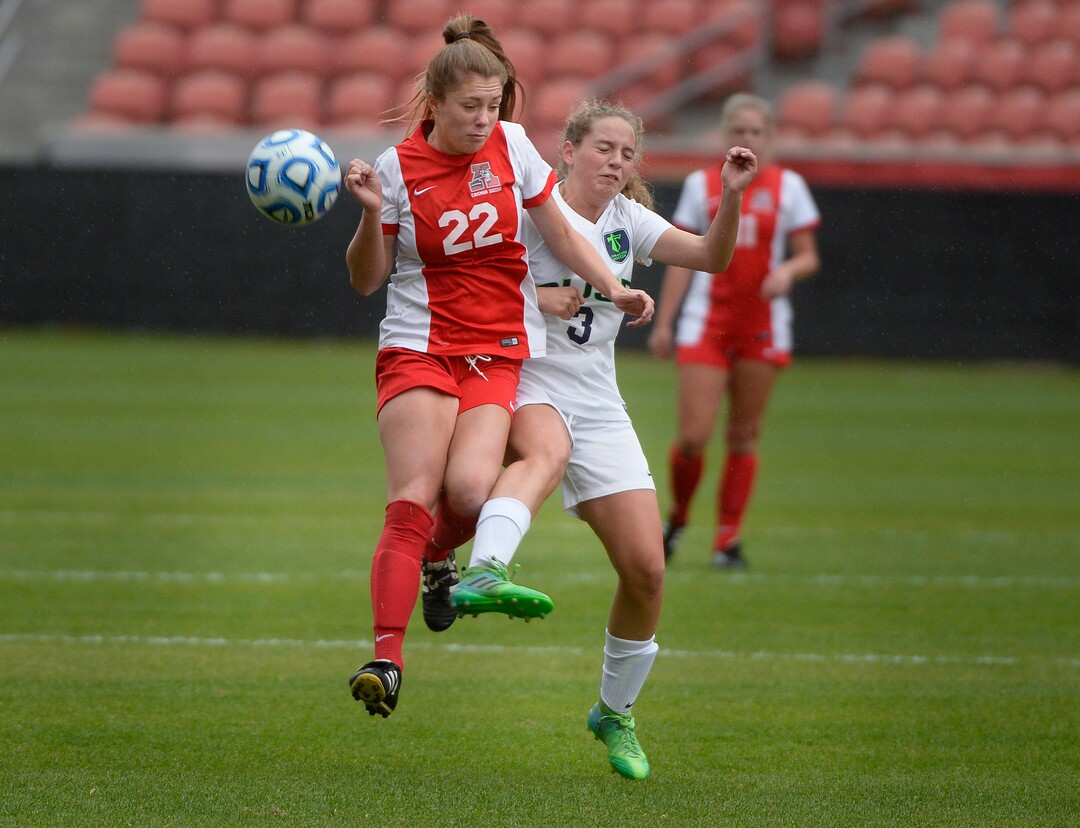 (Scott Sommerdorf   |  The Salt Lake Tribune)   American Fork's Jamie Shepherd, versus Syracuse's Kenadee Arigot during second half play. American Fork beat Syracuse 3-1 to win the 6A championship game played at Rio Tinto, Friday, October 20, 2017. 