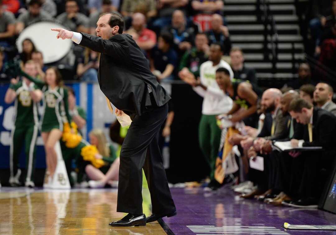 (Francisco Kjolseth  |  The Salt Lake Tribune)  Baylor head coach Scott Drew yell at his team as Syracuse faces Baylor in their first round menÕs NCAA March Madness tournament game at Vivint Smart Home Arena in Salt Lake City on Thursday, March 21, 2019.