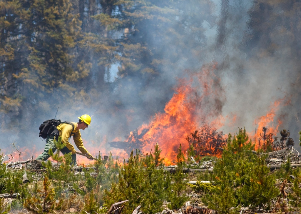 (Hugh Carey | Summit Daily News | The Associated Press) A wildland firefighter works to contain the flames at the Buffalo Fire site Wednesday, June 13, 2018, near Silverthorne, Colorado.