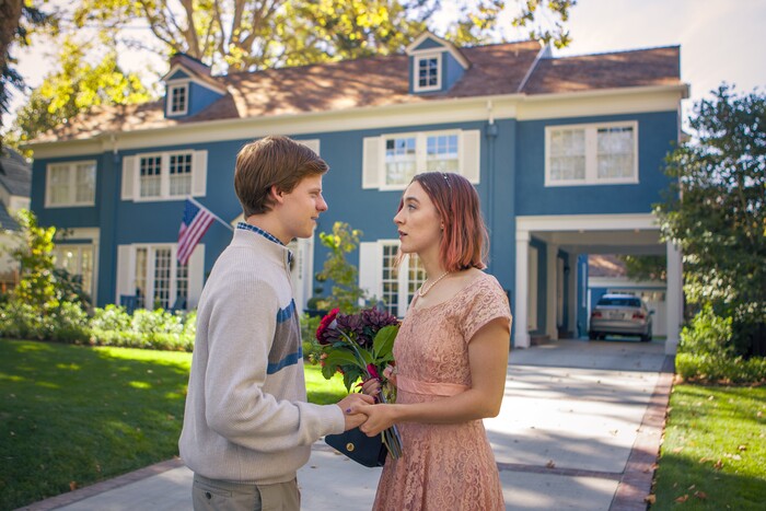 This image released by A24 Films shows Saoirse Ronan and Lucas Hedges in a scene from "Lady Bird." (Merie Wallace/A24 via AP)