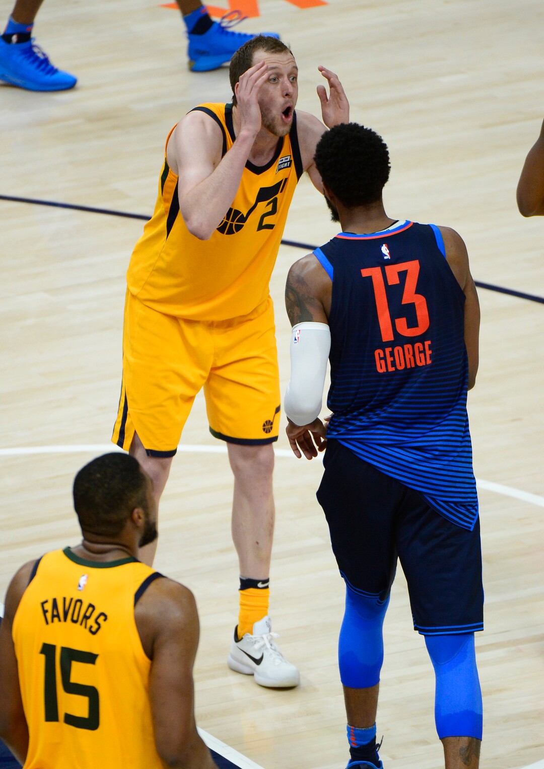 (Scott Sommerdorf | The Salt Lake Tribune)Utah Jazz forward Joe Ingles (2) can't believe the referees gave the ball to the Thunder during second half play. The Utah Jazz defeated the Oklahoma City Thunder 96-91 to win the first round playoff series, Friday, April 27, 2018.