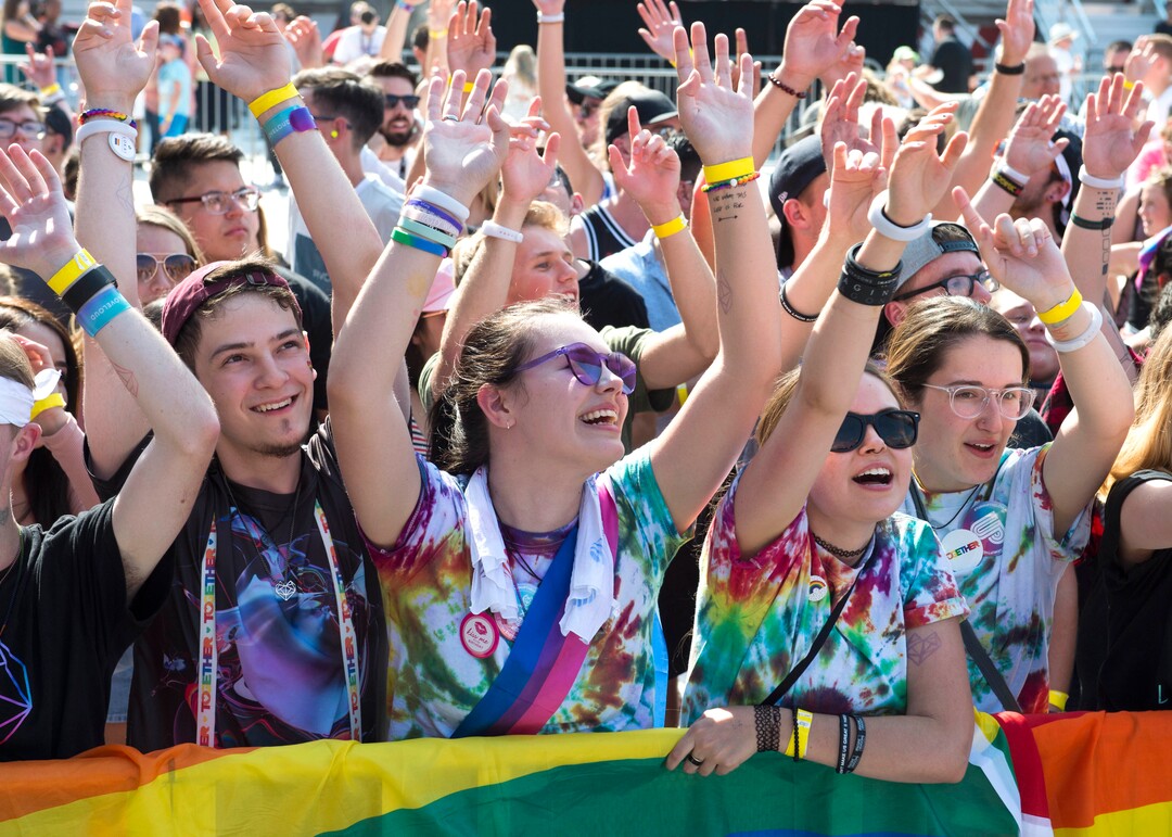 (Rick Egan  |  The Salt Lake Tribune)     The crowd reacts as Tyler Glenn takes the stage, at the Loveloud Festival at Rice-Eccles Stadium, Saturday, July 28, 2018. 