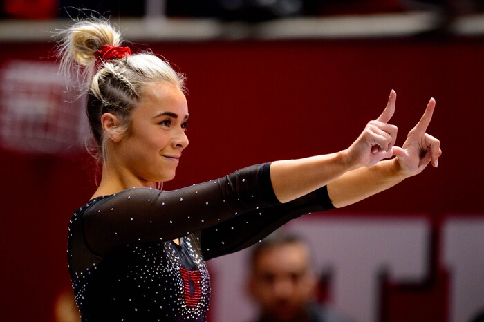 (Trent Nelson  |  The Salt Lake Tribune) Sydney Soloski on the floor as the University of Utah hosts Arizona State, NCAA gymnastics in Salt Lake City on Friday, Jan. 24, 2020.