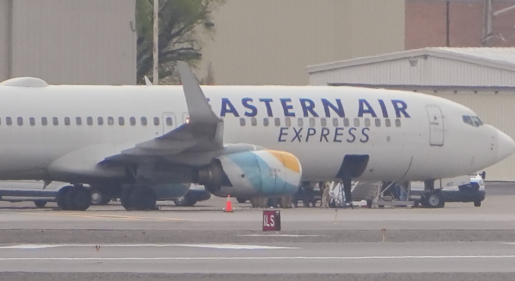 (Chris Samuels | The Salt Lake Tribune) An Eastern Air Express Boeing 737 parks at the general aviation and military side of Salt Lake City International Airport, Monday, March 23, 2026. According to a flight-tracking website, the same plane stopped briefly at Salt Lake City's airport on Monday, March 30, 2026, on an identical itinerary.