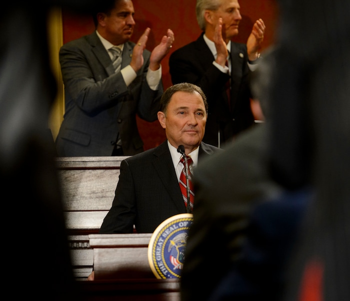 (Steve Griffin  |  The Salt Lake Tribune) Gov. Gary Herbert is applauded as he gives his State of the State address in the Utah House of Representatives in Salt Lake City Wednesday January 24, 2018.
