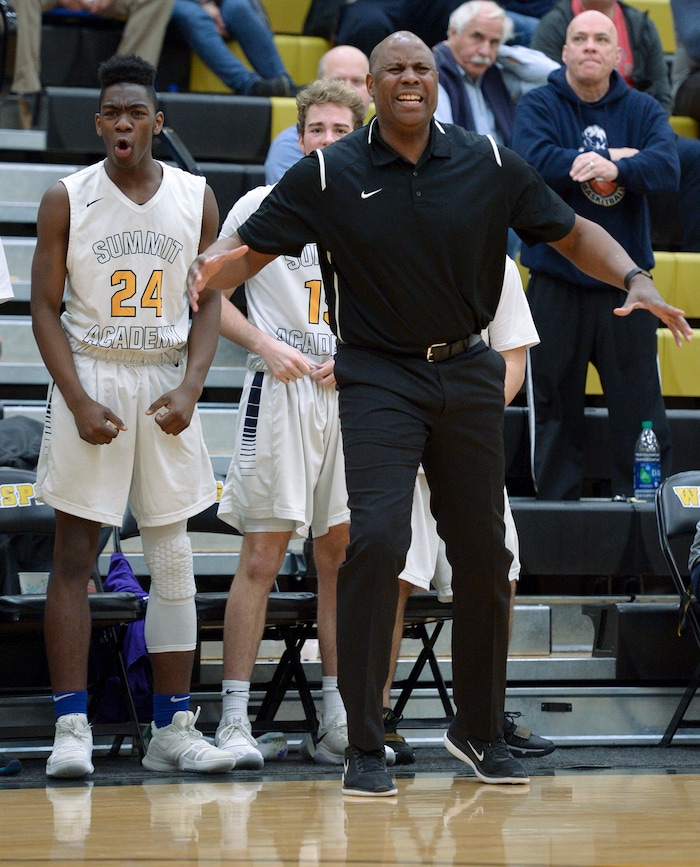 (Leah Hogsten  |  The Salt Lake Tribune) Summit's head coach Evric Gray and Jamari Egbert react to a call in the second half. Juab High School boys' basketball team defeated Summit Academy 61-58 in overtime during their 3A State tournament game in Heber  Saturday, Feb. 16, 2018.