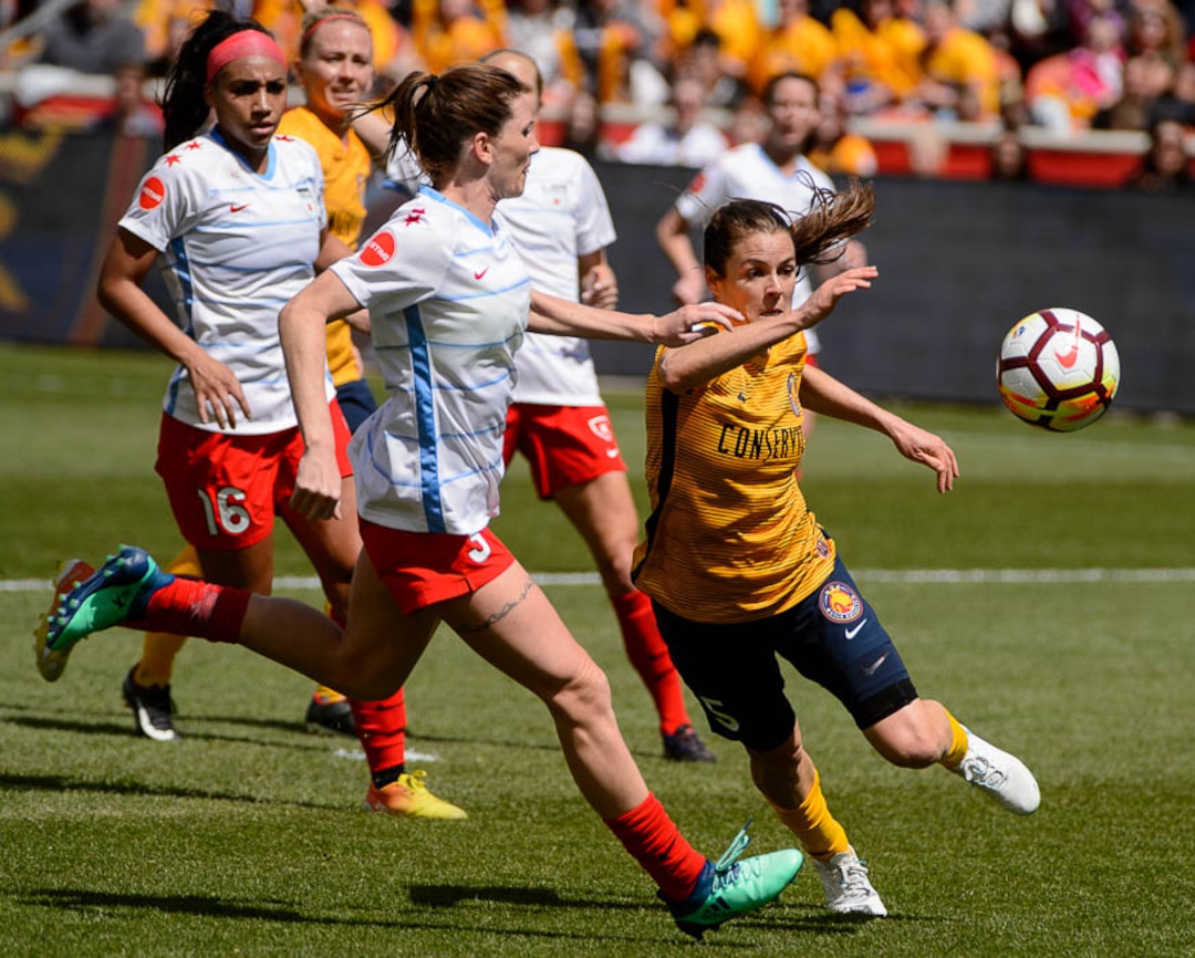 (Trent Nelson | The Salt Lake Tribune)  Utah Royals FC hosts the Chicago Red Stars, at Rio Tinto Stadium in Sandy, Saturday April 14, 2018. Utah Royals FC defender Kelley O'Hara (5). Defending is Chicago Red Stars defender Arin Gilliland (3).