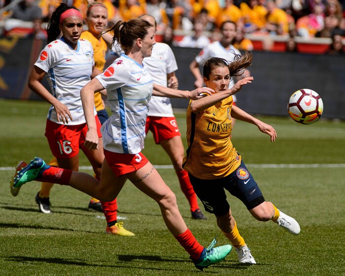 (Trent Nelson | The Salt Lake Tribune)  
Utah Royals FC hosts the Chicago Red Stars, at Rio Tinto Stadium in Sandy, Saturday April 14, 2018. Utah Royals FC defender Kelley O'Hara (5). Defending is Chicago Red Stars defender Arin Gilliland (3).