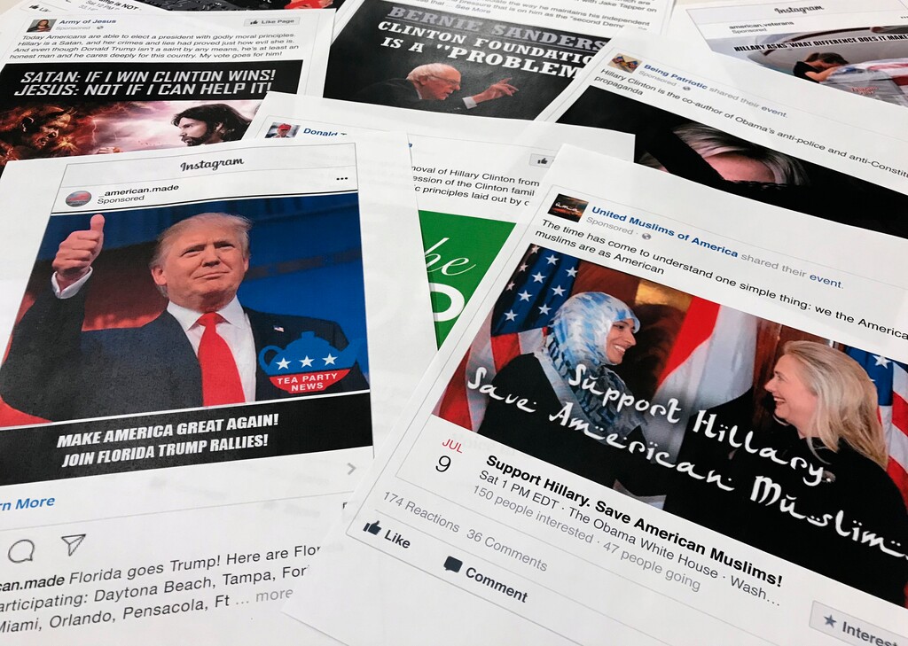 (Jon Elswick | AP file photo)

This Nov. 1, 2017, photo shows printouts of some of the Facebook and Instagram ads linked to a Russian effort to disrupt the American political process and stir up tensions around divisive social issues, released by members of the U.S. House Intelligence committee, photographed in Washington.