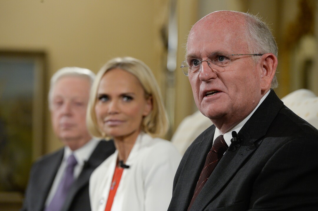 (Francisco Kjolseth  |  The Salt Lake Tribune)  Tabernacle Choir music director Mack Wilberg discusses preparations for The Tabernacle Choir's annual Christmas concert featuring Kristin Chenoweth, center, during a press conference at the Relief Society Building on Wed. Dec. 12, 2018.