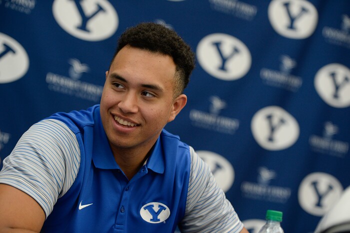 (Francisco Kjolseth  |  The Salt Lake Tribune)  Moroni Laulu-Pututau is interviewed by the media as BYU hosts their eighth-annual football media day at the BYU-Broadcasting Building on Friday, June 22, 2018.