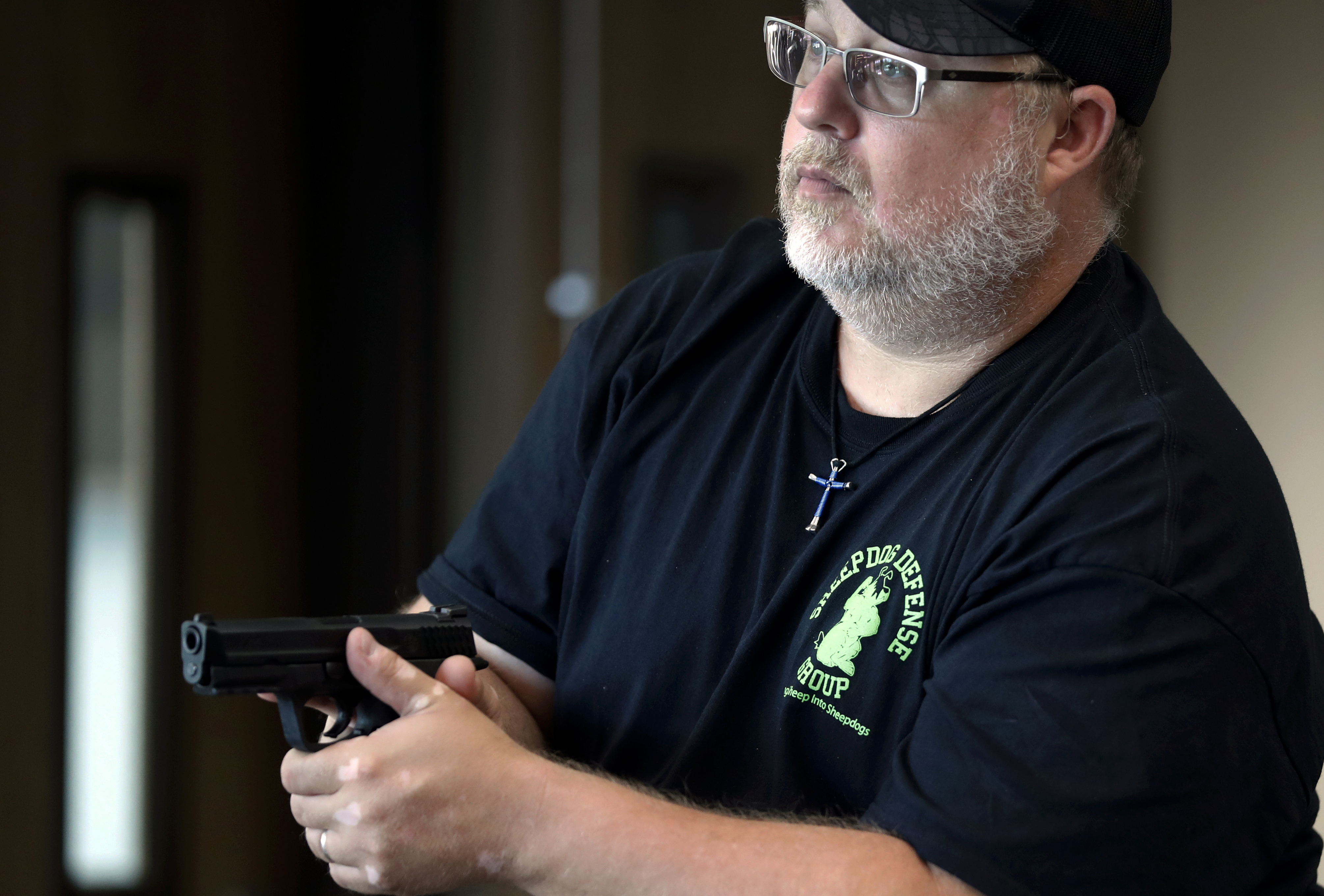 (Tony Gutierrez | AP Photo) In this July 21, 2019 photo, Charles White, participates in a security training session at Fellowship of the Parks campus in Haslet, Texas. An industry has sprung up following mass shootings at houses of worship around the country to train civilians to protect their churches with the techniques and equipment of law enforcement.