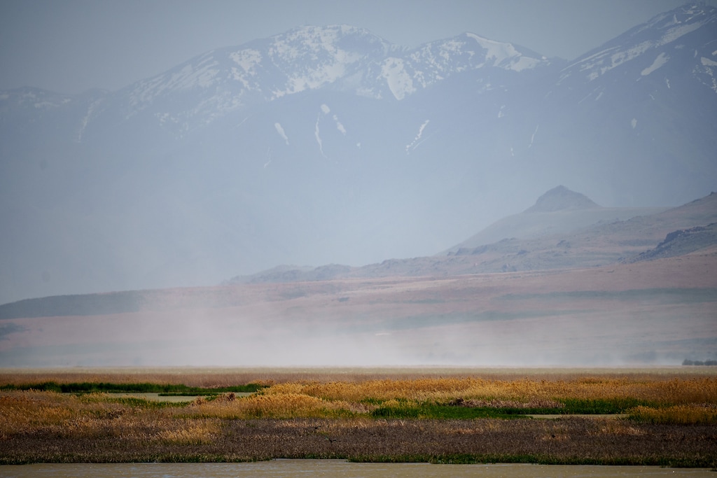 (Trent Nelson  |  The Salt Lake Tribune) Dust blows over the Great Salt Lake on Monday, May 12, 2025.