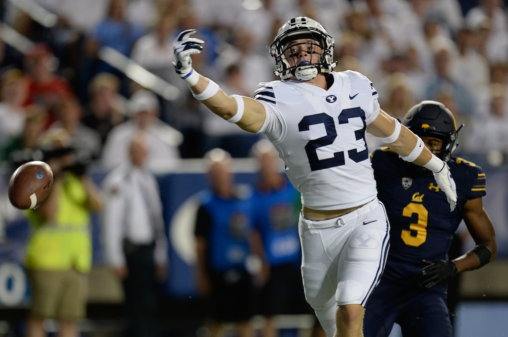 (Francisco Kjolseth | Tribune file photo) Brigham Young Cougars linebacker Zayne Anderson (23) almost gets his hand on a punt intended for California during the first half of the NCAA college football game, Saturday, Sept. 8, 2018, at LaVell Edwards Stadium in Provo.