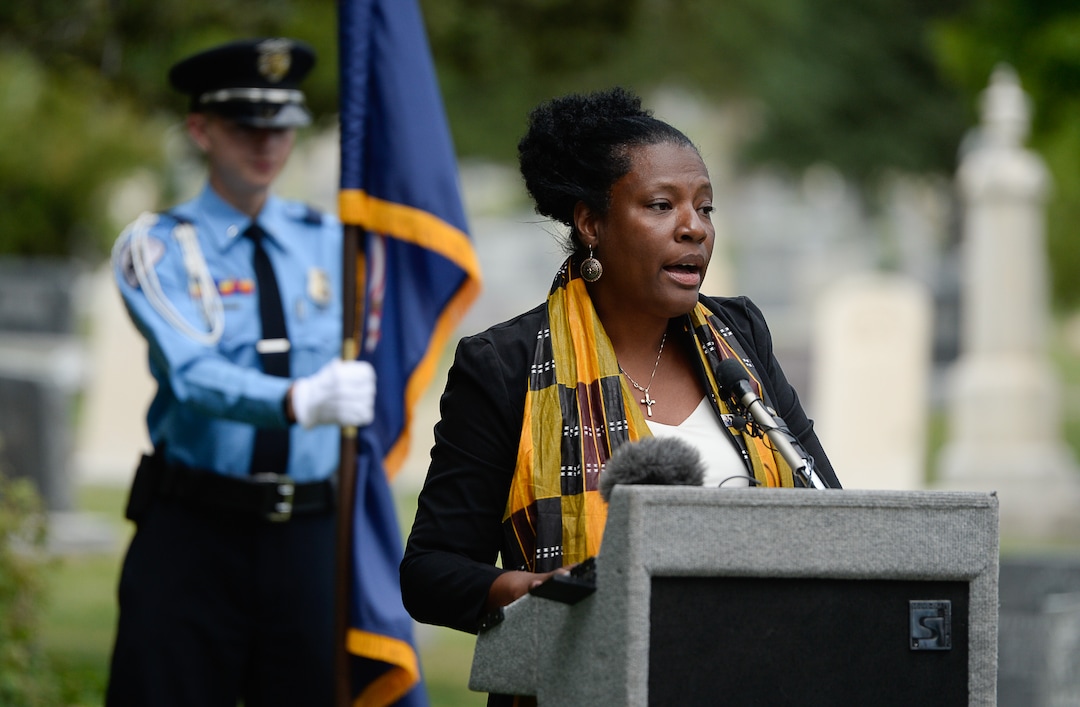 (Francisco Kjolseth  |  The Salt Lake Tribune)  Rep. Sandra Hollins, D-Salt Lake, says a few words in conjunction with the 400th anniversary of the arrival of African slaves in the United States, as Salt Lake City dedicates the first grave marker for Tom, an enslaved Black pioneer who was buried in the Salt Lake City Cemetery in 1862. The placement and dedication of the marker on Thursday, Aug. 22, 2019, is the result of research initially conducted by Mark Smith, the former sexton of the Cemetery.