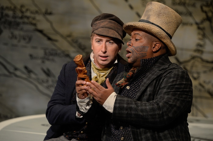 (Francisco Kjolseth  |  The Salt Lake Tribune)  Stars Joshua Dennis as Greenhorn, left, and Musa Ngqungwana as Queequeg act out scenes from Utah Opera's upcoming "Moby-Dick" at the Capitol Theatre for the 21st-century opera by Jake Heggie based on the classic novel by Herman Melville.