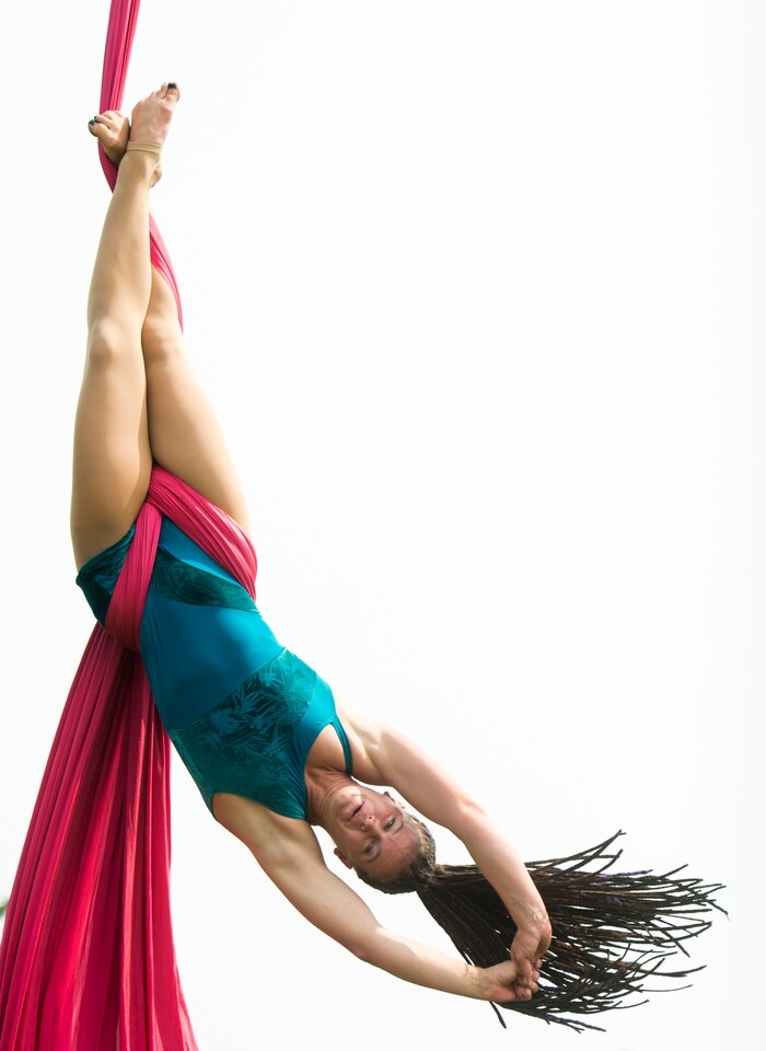 (Rick Egan  |  The Salt Lake Tribune)    Christy Livingston performs with Cirque Orenda aerial acrobatics  at the Davis County Fair in Farmington, Saturday, Aug. 18, 2018.