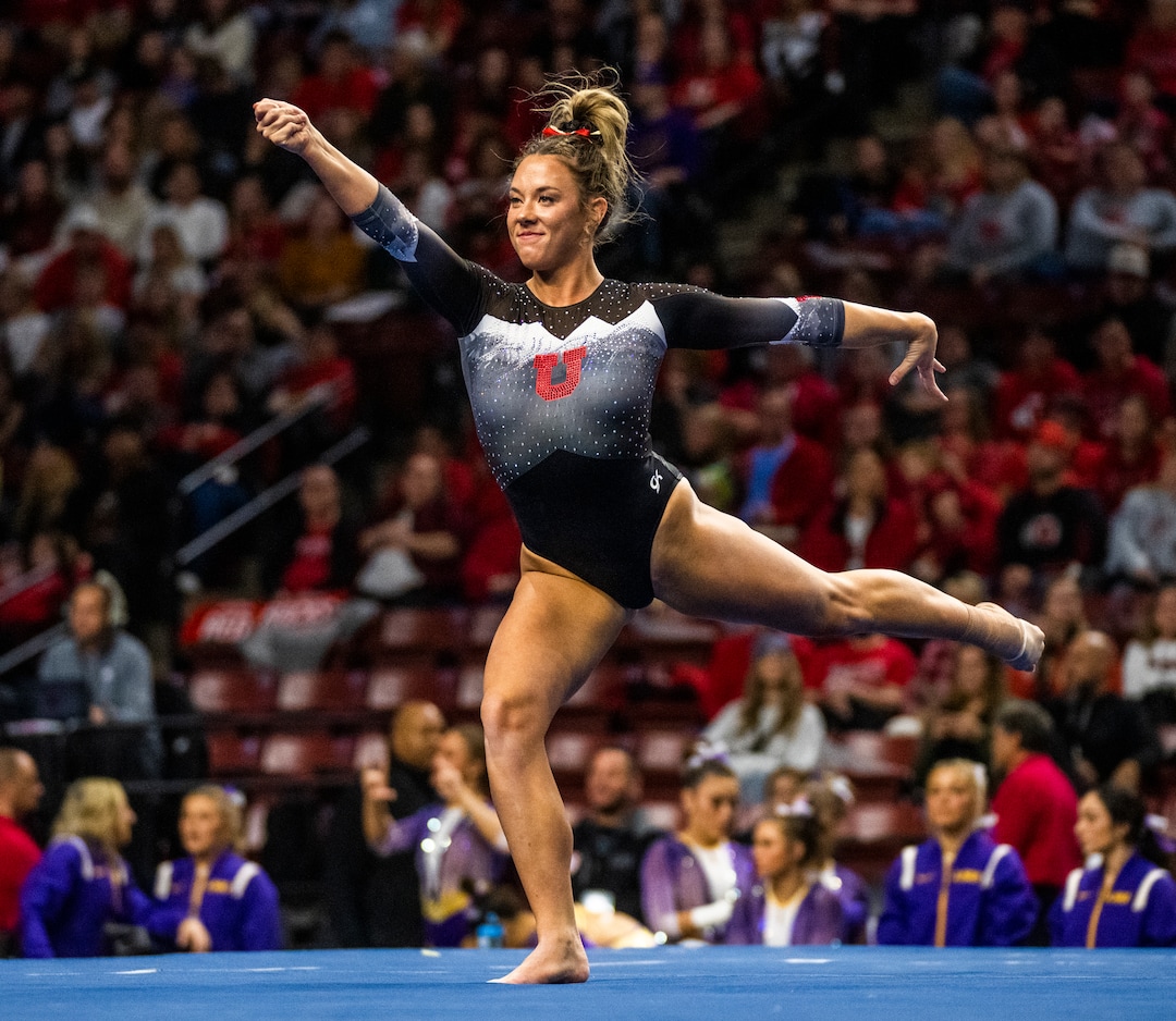(Rick Egan | The Salt Lake Tribune)  Jaylene Gilstrap competes on the floor for Utah, in Gymnastics actin between Utah, LSU, Oklahoma and UCLA at the Maverik Center, on Saturday, Jan. 13, 2024.