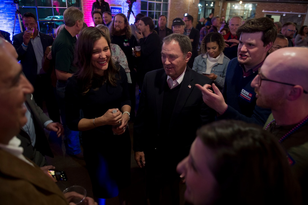 (Jeremy Harmon  |  The Salt Lake Tribune) Governor Gary Herbert speaks with Salt Lake City mayoral candidate Erin Mendenhall during her election night event on Tuesday, Nov. 5, 2019. Also in the photo are Salt Lake District Attorney Sim Gill, Salt Lake City Council member Chris Wharton, State Senator Derek Kitchen and Salt Lake County Council member Shireen Ghorbani.