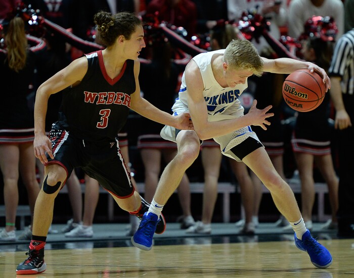 (Francisco Kjolseth  |  The Salt Lake Tribune)  Weber vs Pleasant Grove, 6A State high school basketball tournament at the Huntsman Center in Salt Lake City, Thursday March 1, 2018. Weber's Hudson Schenck (3)  pressures Kael Kikkelsen (24). 