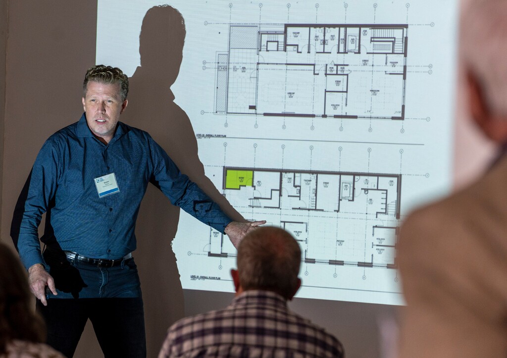 (Leah Hogsten | The Salt Lake Tribune) Arch Nexus president Kenner Kingston details changes to the rebuild of Utah Clean Energy's headquarters. Utah Clean Energy held an open house at their newly purchased, vacant building to showcase their plans to retrofit the organizationÕs new home into what will become an energy efficient building with on-site renewable energy generation, pollution-free heating and water conserving measures.