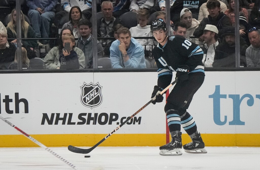 (Bethany Baker  |  The Salt Lake Tribune) Utah Hockey Club defenseman Maveric Lamoureux (10) looks to pass during the game between the Utah Hockey Club and the Colorado Avalanche at the Delta Center in Salt Lake City on Thursday, Oct. 24, 2024.