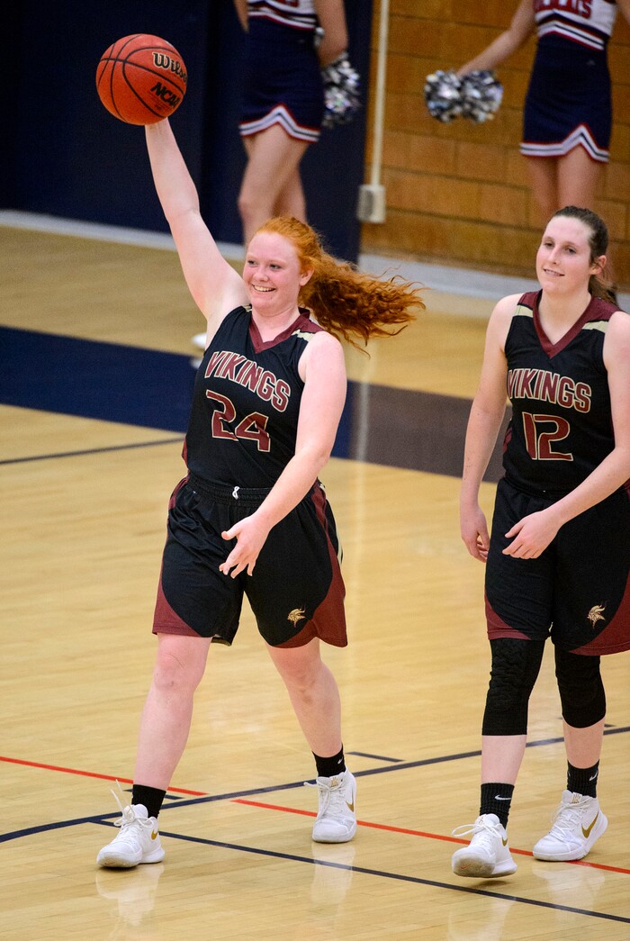 (Trent Nelson  |  The Salt Lake Tribune)  Viewmont's Hannah Simonson celebrates the win as Woods Cross hosts Viewpoint High School girls basketball, Wednesday, January 24, 2018.